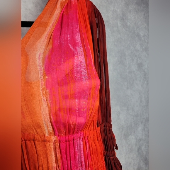 Zara Viscose Ombre Pleated V-neck Side/Shoulder ties Lined Maxi Dress Size XL - Picture 12 of 13